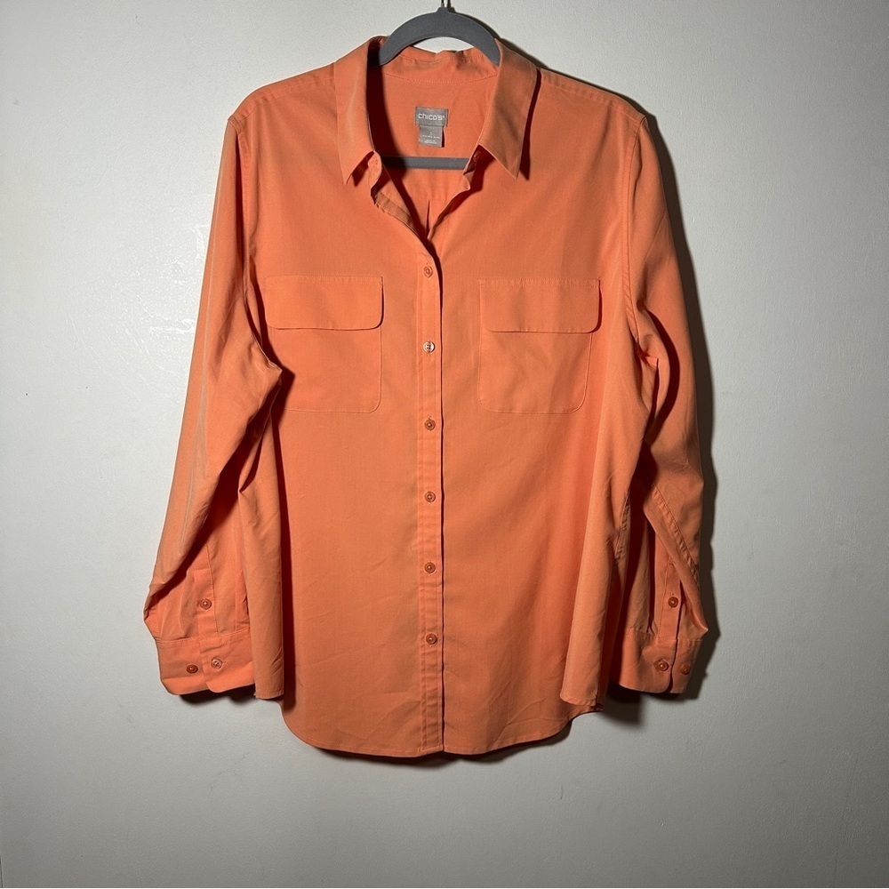 Chico's Orange Button-Up Modal Blend Shirt Size 3 (16-18) Career Office